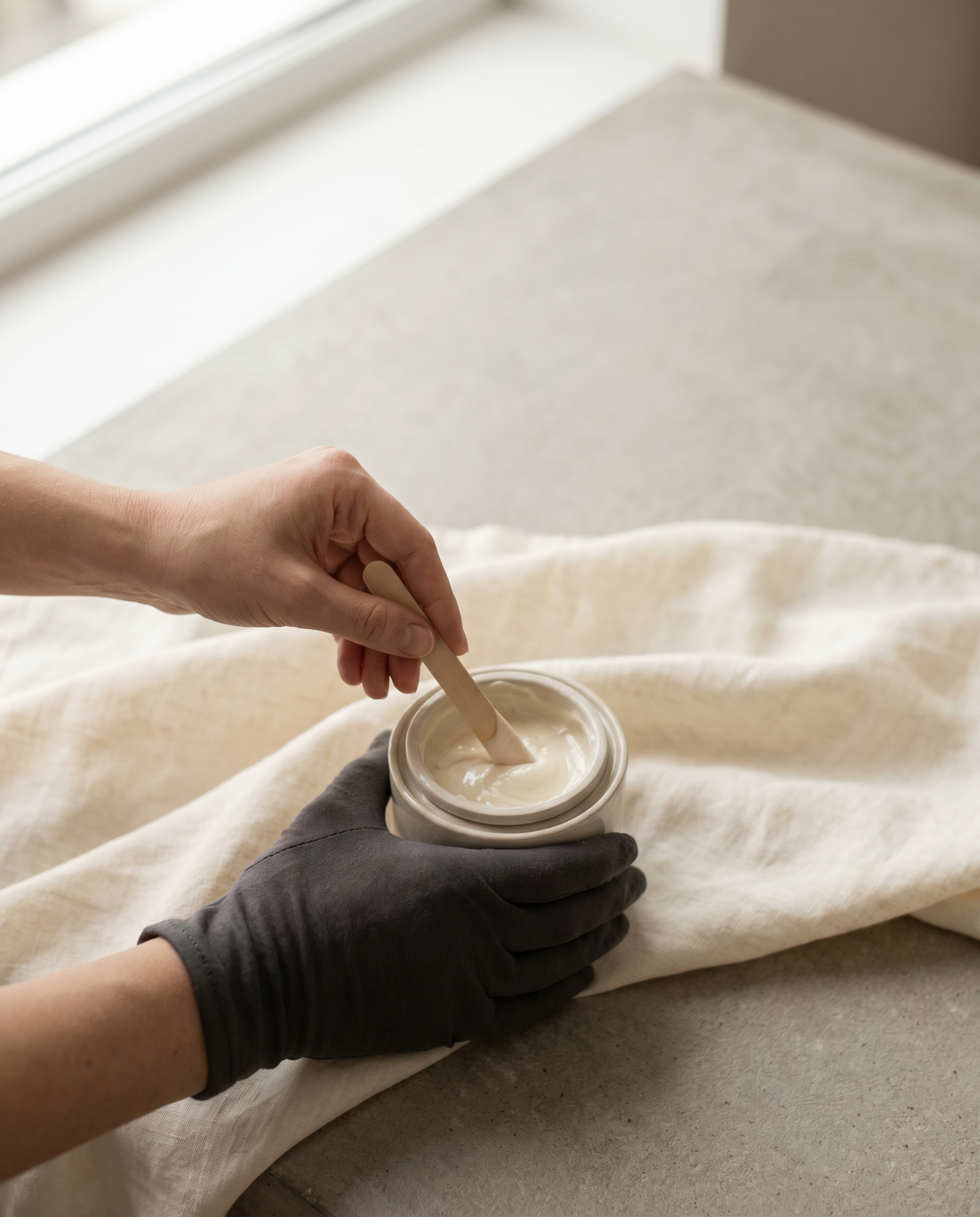 Practitioner hands warming hot wax at the right temperature