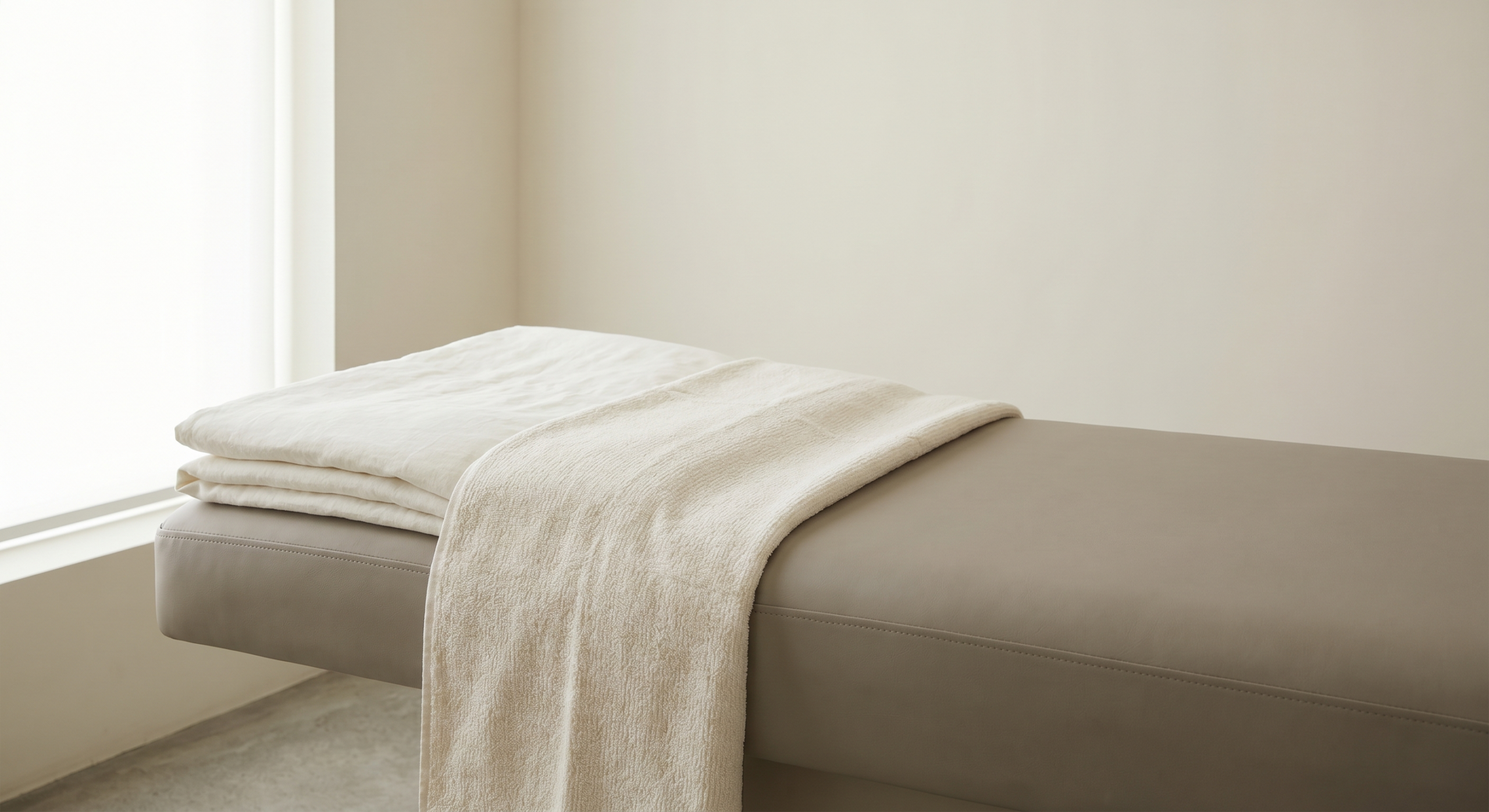 A treatment couch corner with neatly folded fresh linen